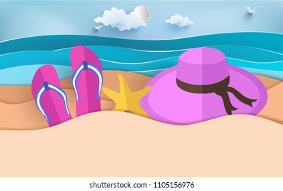 beach scene in summer. There are flip-flops, buoys and hat. Vector illustration with paper art style
