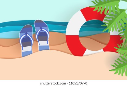 beach scene in summer. There are flip-flops, buoys and tropical plants. Vector illustration with paper art style