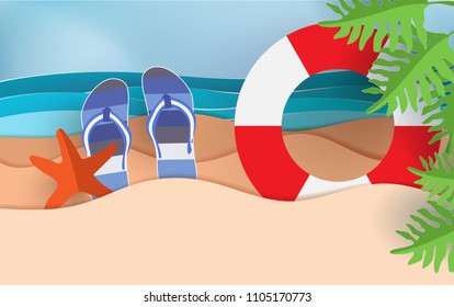 beach scene in summer. There are flip-flops, buoys and tropical plants. Vector illustration with paper art style