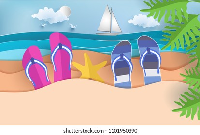 beach scene in summer. There are sandals, starfish and tropical plants. Vector illustration with paper art style