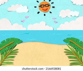 Beach scene with sun, cloud and tropical leaf paper cut style background. Vector EPS10 Illustration design.