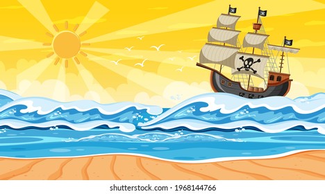 Beach scene at sunset time with Pirate ship in cartoon style illustration