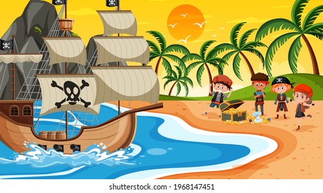 Beach scene at sunset time with Pirate kids illustration