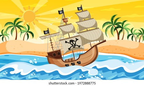 Beach scene at sunset time with Pirate ship in cartoon style illustration