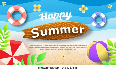 A beach scene with a surfboard, umbrella, and beach ball. The background is blue and the text is "Happy Summer"