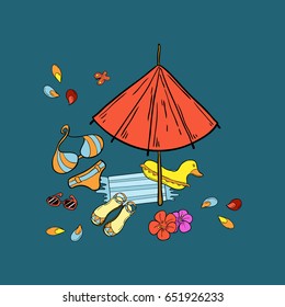 Beach scene with swimsuit, umbrella and towel. Hand draw doodle illustration