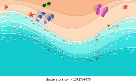 the beach scene from the top in summer. paper art style