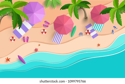 the beach scene from the top in summer.vector illustration with paper art style