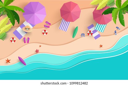 the beach scene from the top in summer.vector illustration with paper art style - Shutterstock ID 1099812482