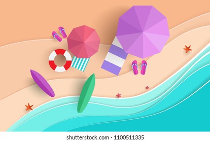 the beach scene from the top in summer.vector illustration with paper cut design. happy holiday