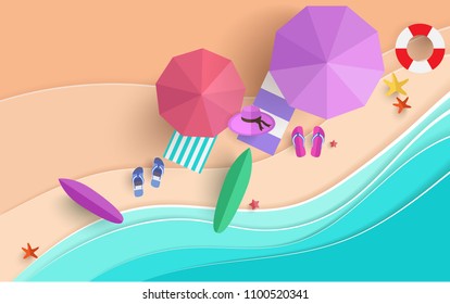 the beach scene from the top in summer.vector illustration with paper art style. happy holiday