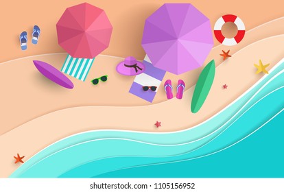 the beach scene from the top in summer.vector illustration with paper art style. happy holiday