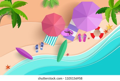 the beach scene from the top in summer.vector illustration with paper art style. happy holiday