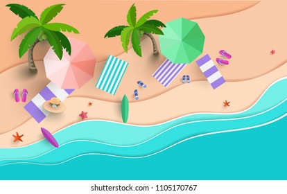 the beach scene from the top in summer.vector illustration with paper art style. happy holiday
