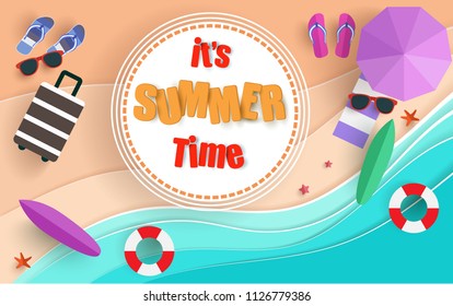 the beach scene from the top in summer.vector illustration with paper art style.