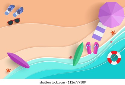 the beach scene from the top in summer.vector illustration with paper art style.