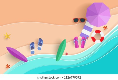 the beach scene from the top in summer.vector illustration with paper art style.