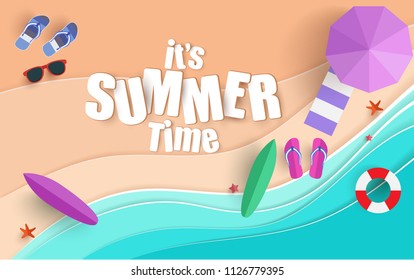the beach scene from the top in summer.vector illustration with paper art style.