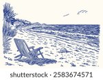 Beach scene with two chairs and a sailboat.
