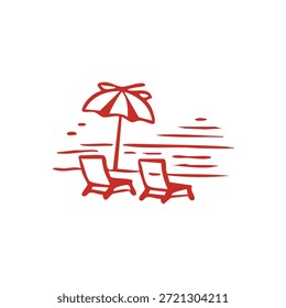 Cena de praia com duas cadeiras lounge e um guarda-chuva vermelho sob um céu listrado.
