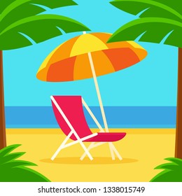 Beach scene with umbrella and beach chair surrounded by palm trees. Simple bright flat cartoon style. Tropical vacation vector illustration.