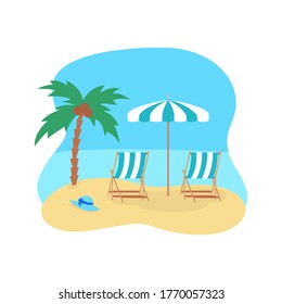 Beach scene with umbrella and beach chairs. Summer vacation concept. Vector illustration.