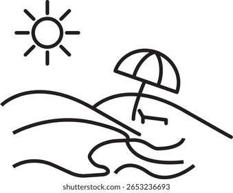 Beach scene with umbrella and sun icon representing summer vacation destination and ocean relaxation with transparent background