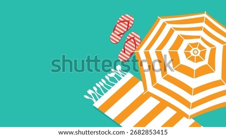 a beach scene with an umbrella, towel, and flip-flops against a turquoise backdrop, evoking summer vacation vibes and relaxation