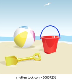 Beach Scene - Vector Illustration with isolated items easily removed from sand.