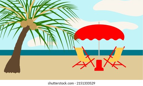 Beach Scene Vector Illustration with Palm Tree and Beach Chairs
