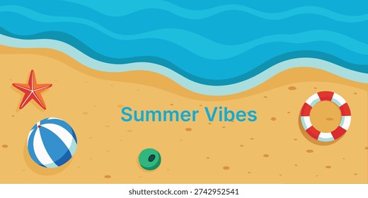 Beach scene vector illustration, summer vacation, tropical paradise, ocean waves, sandy shore, vacation elements.