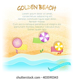 Beach scene, view from the top. Towels with umbrellas near the sea. Stylized sea with sand. vector illustration