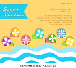 Beach scene, view from the top. Towels with umbrellas near the sea. Stylized sea with sand. vector illustration