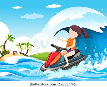 Beach scene with a woman driving jet ski illustration