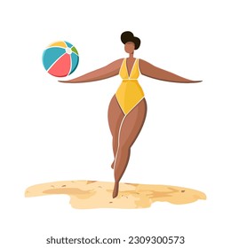 Beach Scene of a Woman playing with beach ball isolated on white background. Vacation on seashore coast Concept. Vector illustration