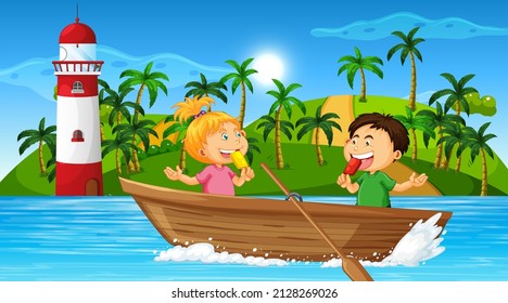 Beach scenery with children in wooden boat illustration