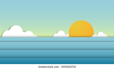 Beach scenery with cloud sun and wave in paper cut out style vector illustration, can use for wallpaper, poster, tourism and travel banner, summer time background. 