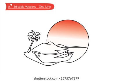 Beach scenery icon. One continuous simple line of hand drawn mountains, beach, boat, coconut tree, island, full moon and full sun. Easy one line vector illustration of beautiful nature beach scene.