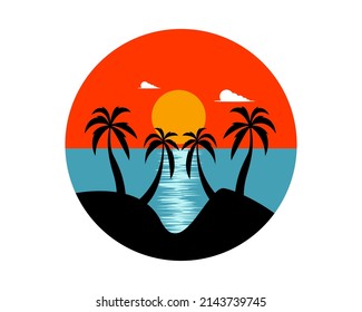 Diseño con logo de un paisaje de playa con silueta de palmeras, playa, puesta de sol y nubes. Adecuado para el uso de los contenidos de viaje o vacaciones.