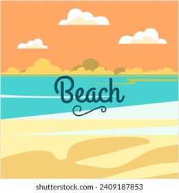 Beach Scenery: Minimalist Vector Illustration of an Empty Beach with Clear Waters, Retro Sunset, and Soft Pastel Tones. Ideal for Posters, Flyers, and Summer-themed Designs