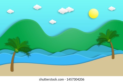 Beach scenery in paper cut style design with mountain, coconut tree, cloud and sea illustration, summer theme in paper cut style design vector illustration