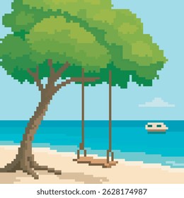 praia paisagem pixel art, ilustração vetorial em fundo isolado.