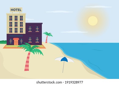Beach scenery vector concept: Hotel the seashore