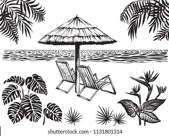 Beach scenery view with tropical leaves of palm, monstera and exotic flowers . Umbrella, two chairs surrounded ocean and jungle plants. Summer vacation landscape, vector sketch.