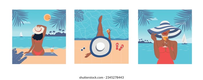 Beach scenes. Happy girl with cocktail. Vector flat cartoon illustration
