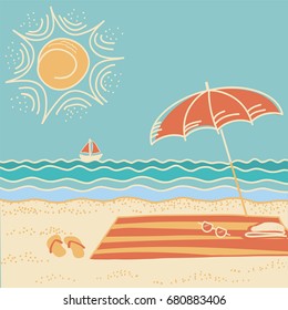 Beach Scene.Vector Sea Landscape Background With Umbrella And Flip Flops