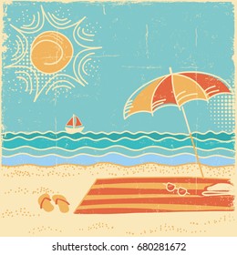 Beach scene.Vector vintage sea landscape with umbrella and flip flops