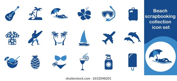 Beach scrapbooking collection icon set, summer vacation, bag, scrapbook, leaf, hat, resort, elements, sunglasses, seamless, drink, sea, shells, paradise, party, sunscreen and more