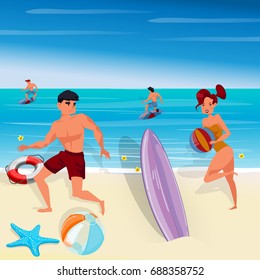 Beach and sea, characters vector illustration