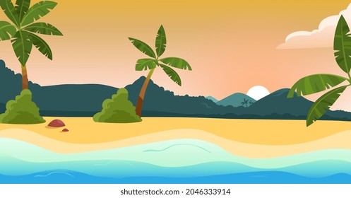 Beach and sea concept. Colorful landscape with tropical palm trees, mountains and sun. Holidays in warm countries. Horizontal poster. Cartoon flat vector illustration isolated on white background